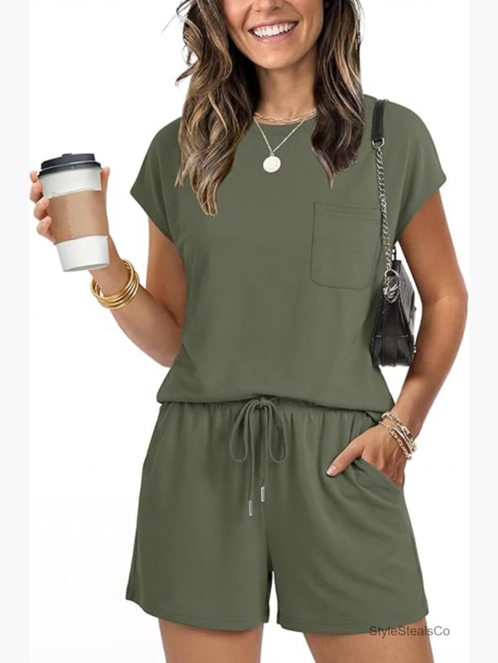 Casual Olive Short Sleeve Pocket Romper for Women